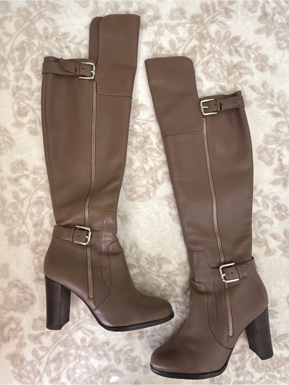 Donald J Pliner Taupe Leather Buckle Over-the-Knee Boots